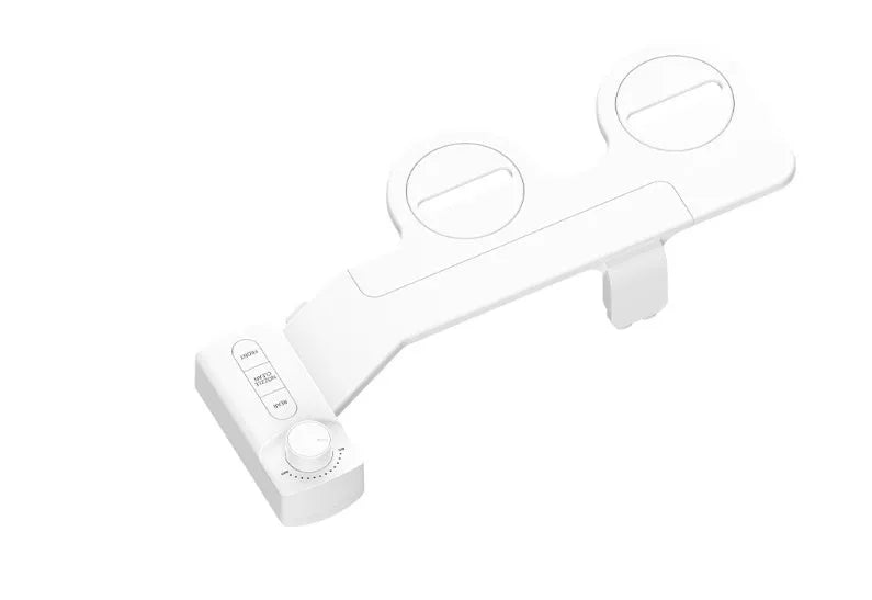 Pure white button-operated wash tool with detachable nozzle and multiple plumbing fittings
