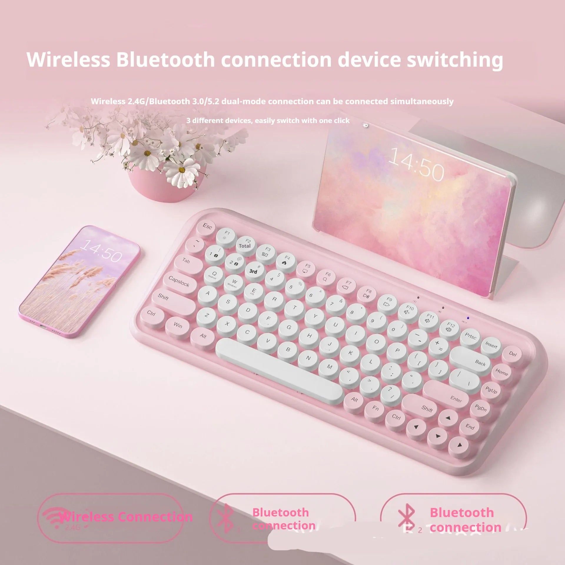 Pink wireless Bluetooth keyboard with 84 keys and compact portable design
