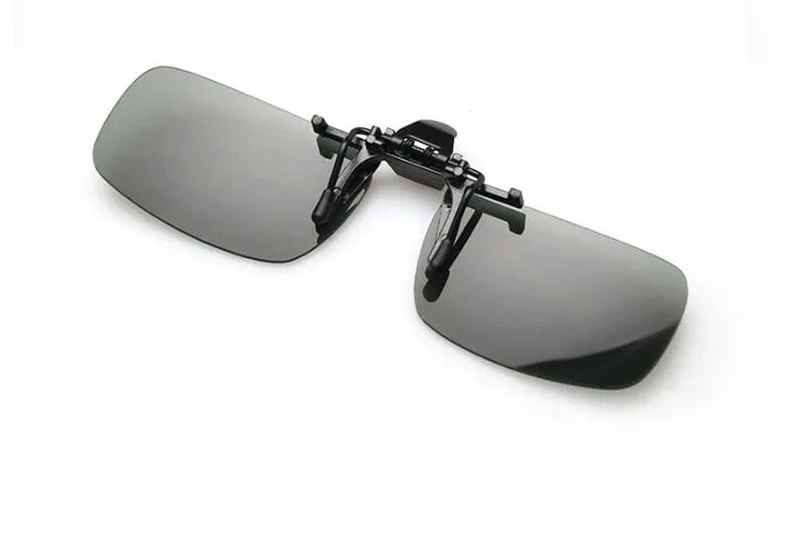 Myopia sunglasses clip for drivers with polarised PC lenses in grey, dark green, and night vision tint options