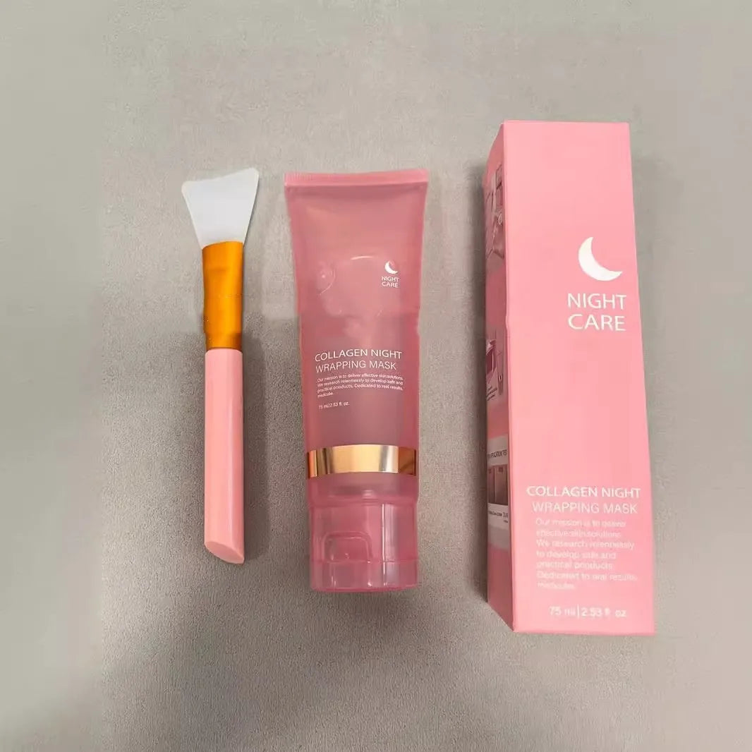 75ml bottle of collagen night face mask with an application brush on a white background.