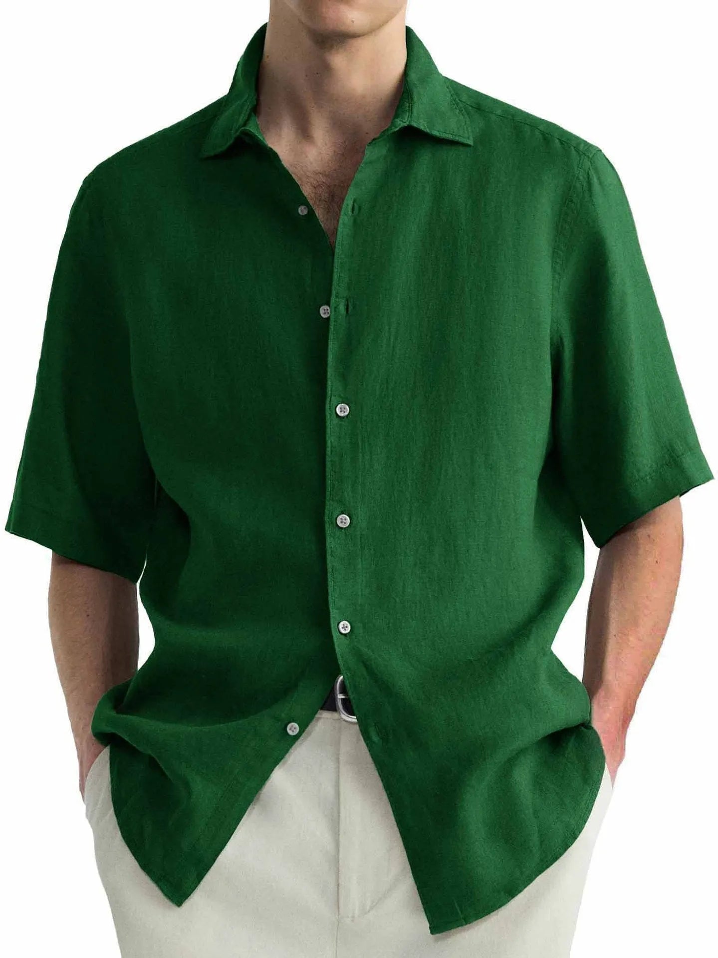 Men's green washed cotton casual shirt with cardigan style regular fit