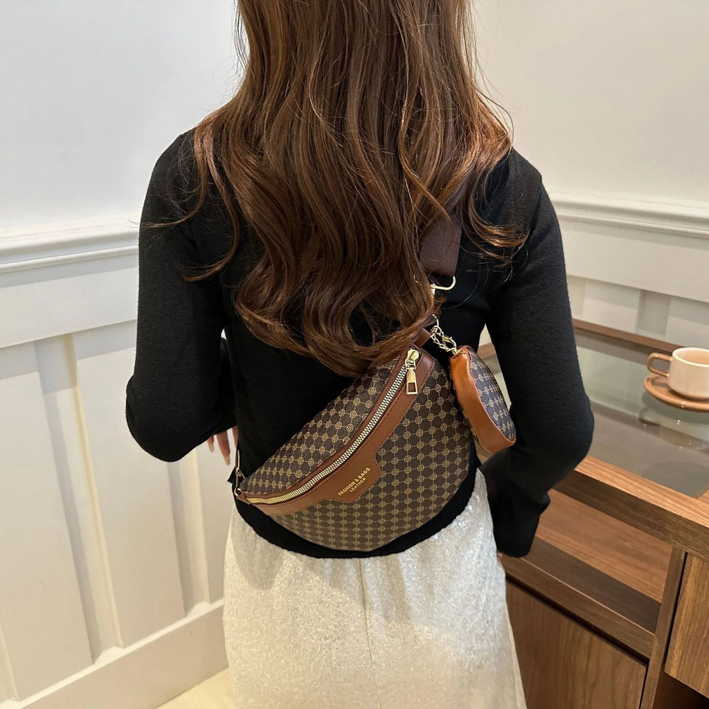 European and American style portable crossbody bag with retro printing in brown colour option