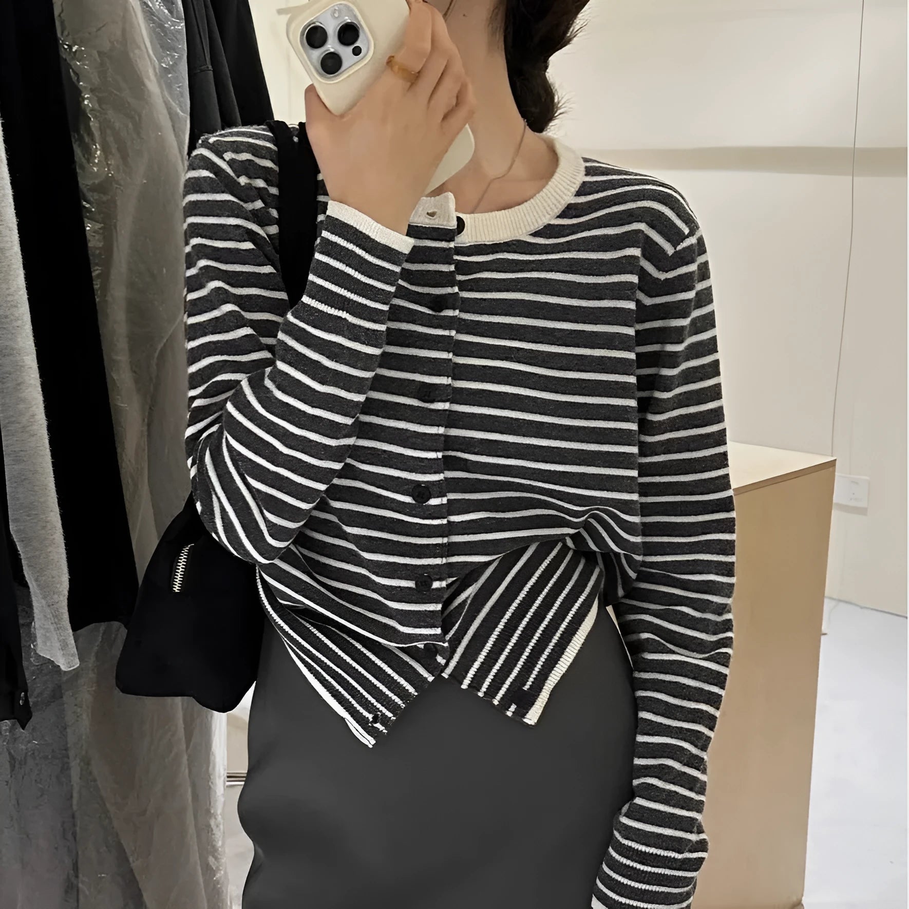 Women's dark grey and white striped viscose cardigan with 40cm short length slim fit