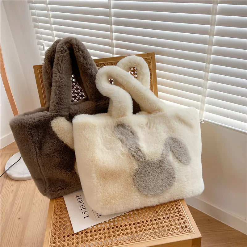 Cartoon rabbit ears plush shoulder tote bag in solid colour with large capacity