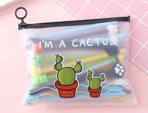 Set of 20 black 0.5mm ballpoint pens with cartoon cactus designs in plastic storage case measuring 21cm by 17cm