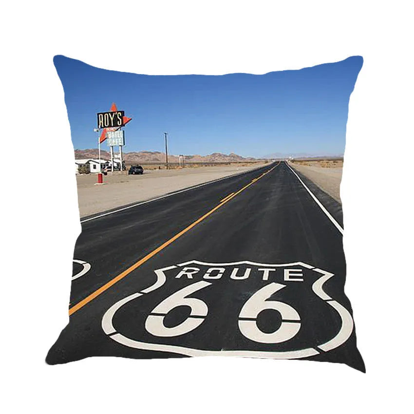Square linen cushion cover with Route 66 landscape pattern, shown in one of six available colours.