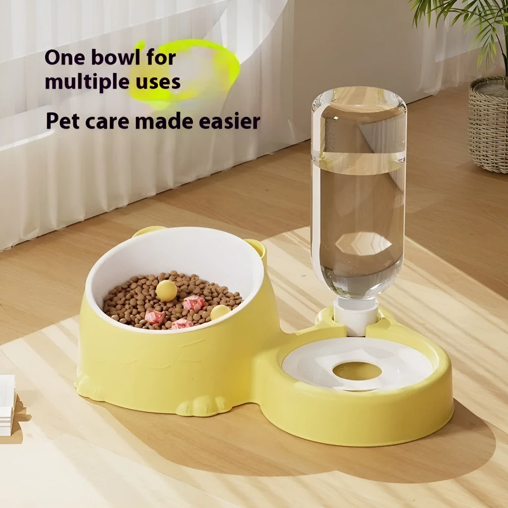 Double bowl plastic pet food and water basin in haze blue, milky yellow, pink, or grass green