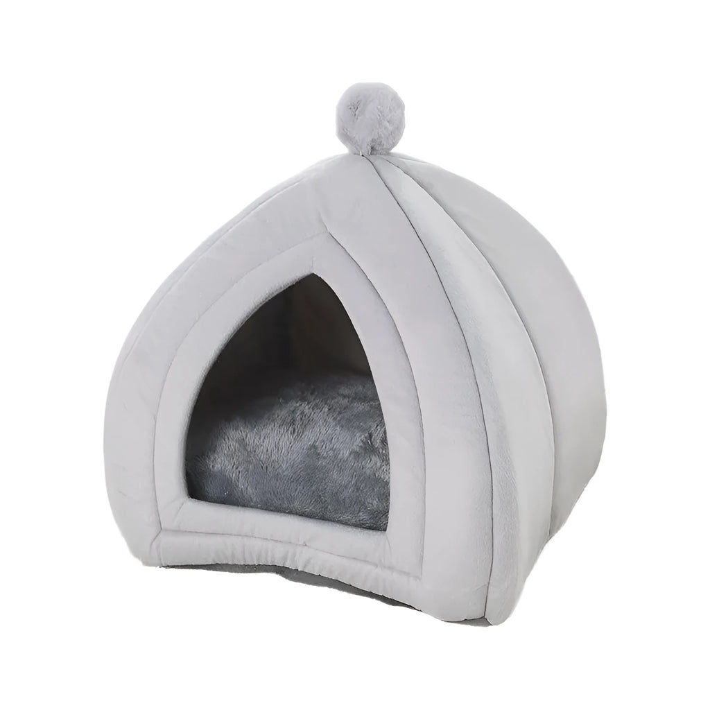 Soft plush cat bed in grey, tent style with cushion, size M 33x33x36 cm, washable cover