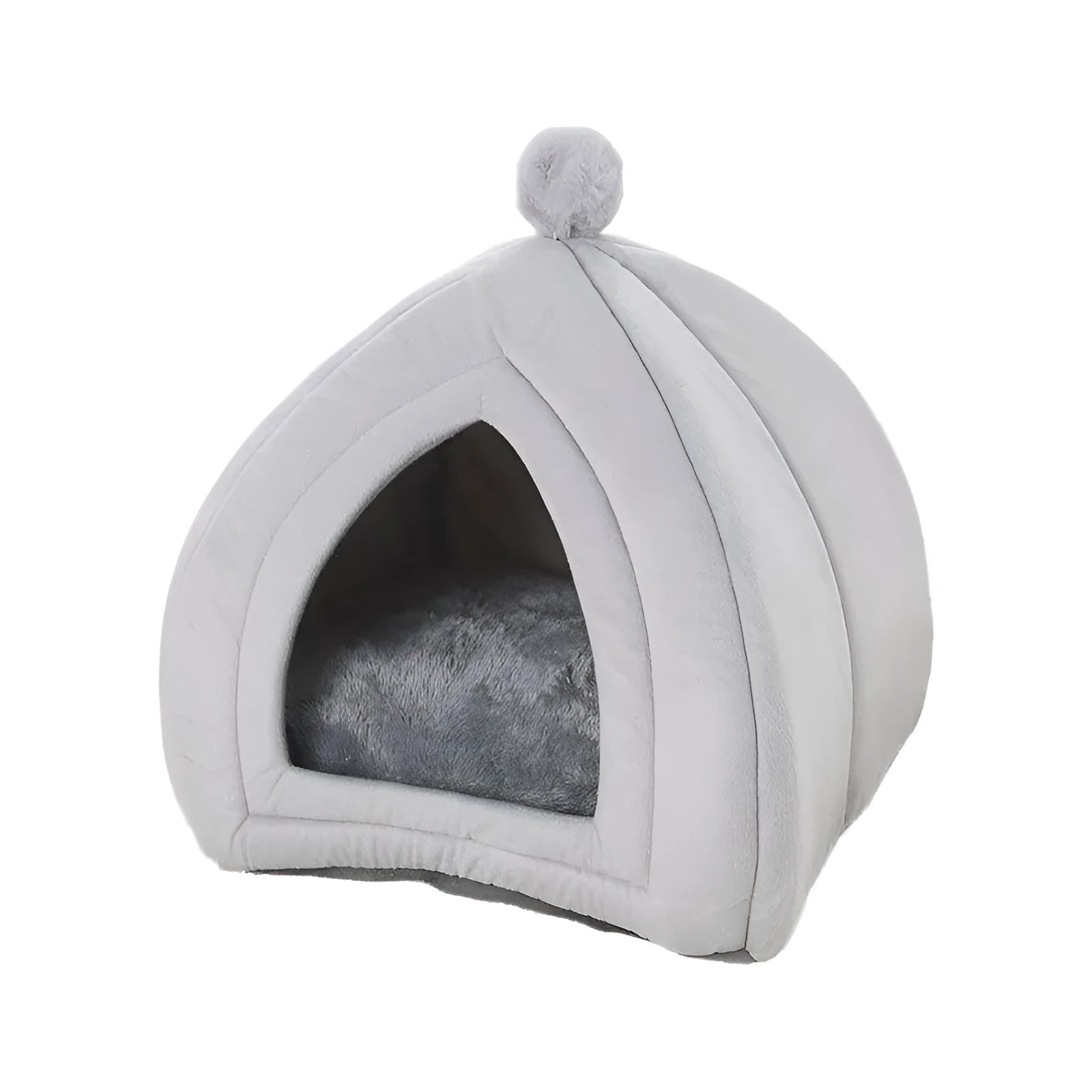 Soft plush cat bed in grey, tent style with cushion, size M 33x33x36 cm, washable cover
