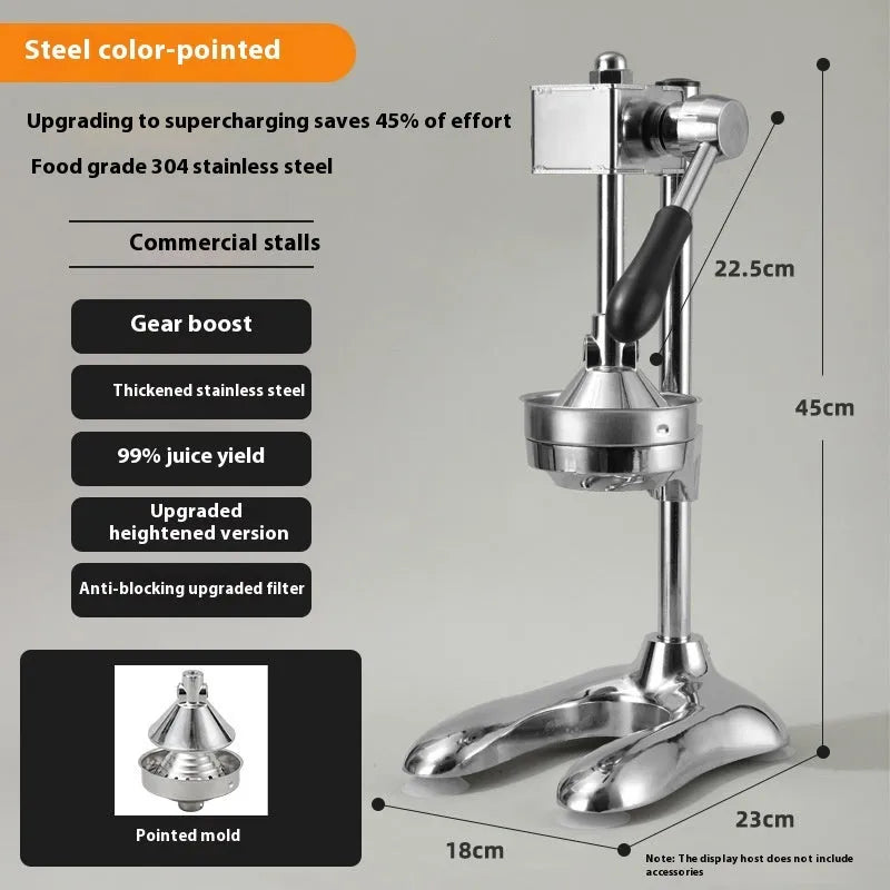 Vertical stainless steel manual juicer with zinc alloy frame in multiple colour options