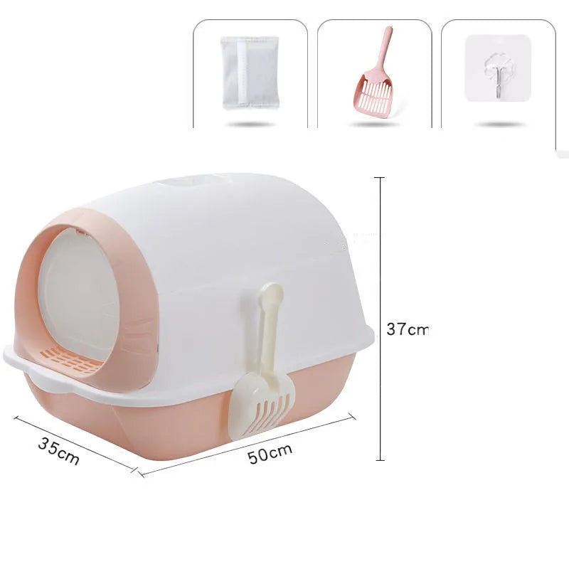 Elevated semi-closed cat litter box with flip cover in grey purple, includes shovel and deodorant bag