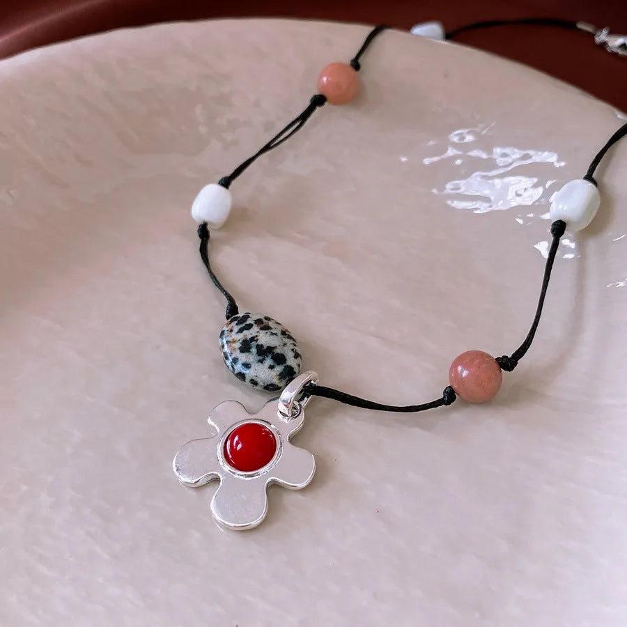 Stone shell beaded flower pendant necklace on adjustable 51-60cm clavicle chain