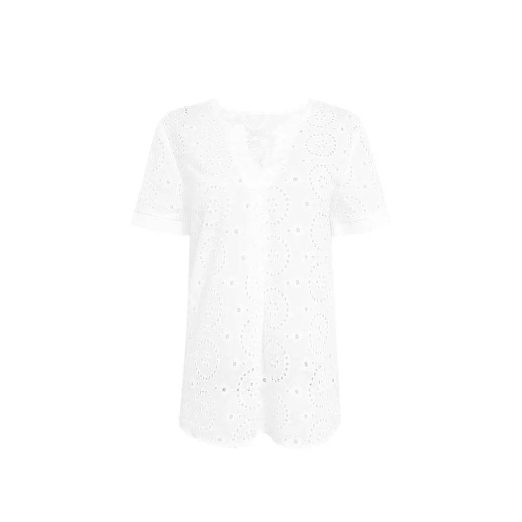 White women's V-neck short sleeve T-shirt with a hollow design detail and loose fit.