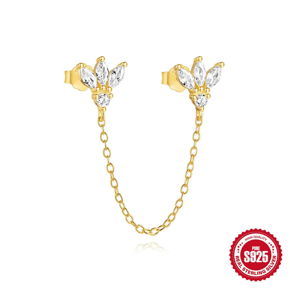 S925 sterling silver zircon geometric stud earrings with gold-plated finishes in clover, crown and chain designs