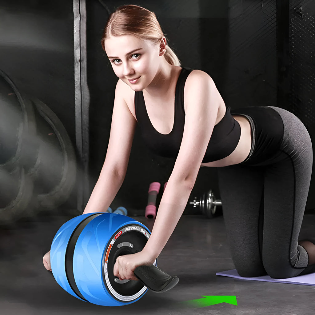 Blue abdominal wheel with carbon steel spring and rubber wheel on a floor