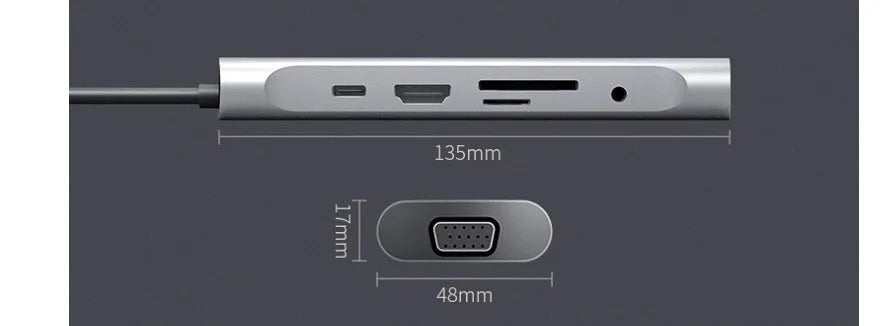 Grey aluminium USB-C docking station with HDMI, VGA, and USB 3.0 ports