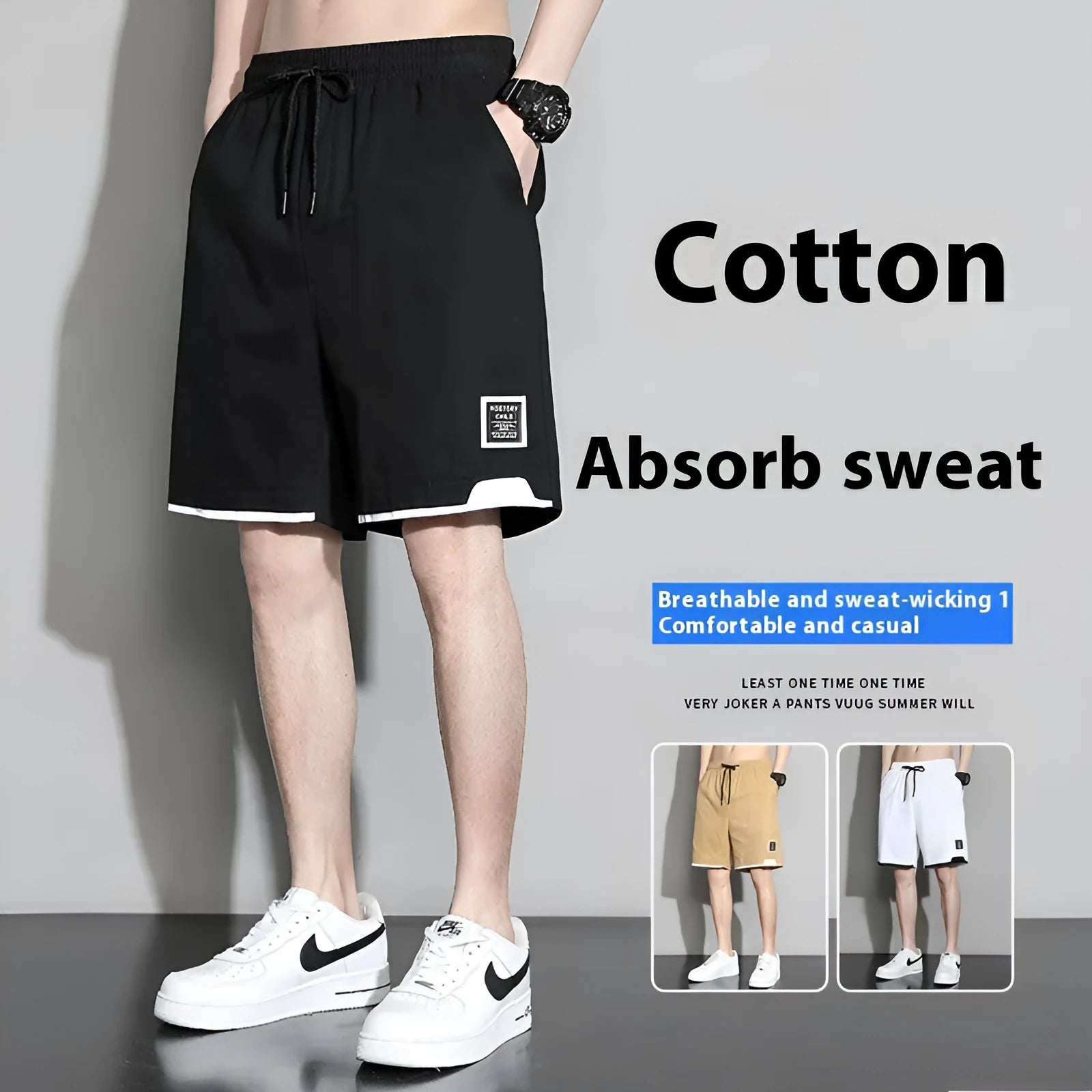 Boys' cotton shorts in black, shown in a casual style for summer home and sports wear.