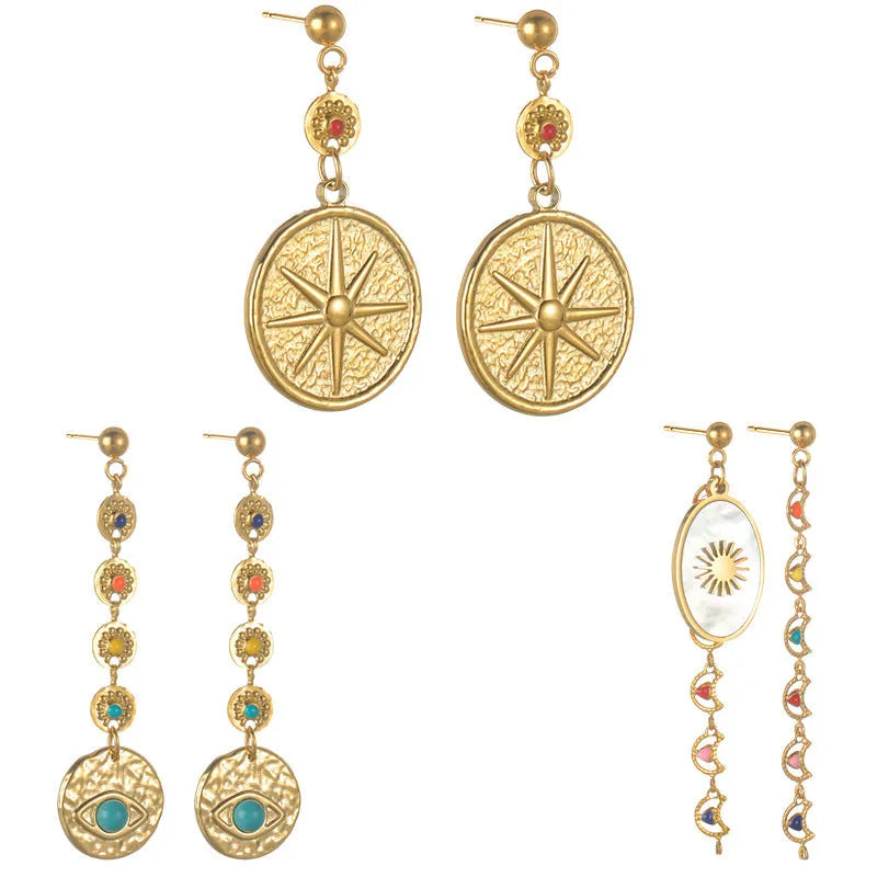 Geometric stainless steel earrings in Eight Awn Star, Eye, and Shell Sun designs
