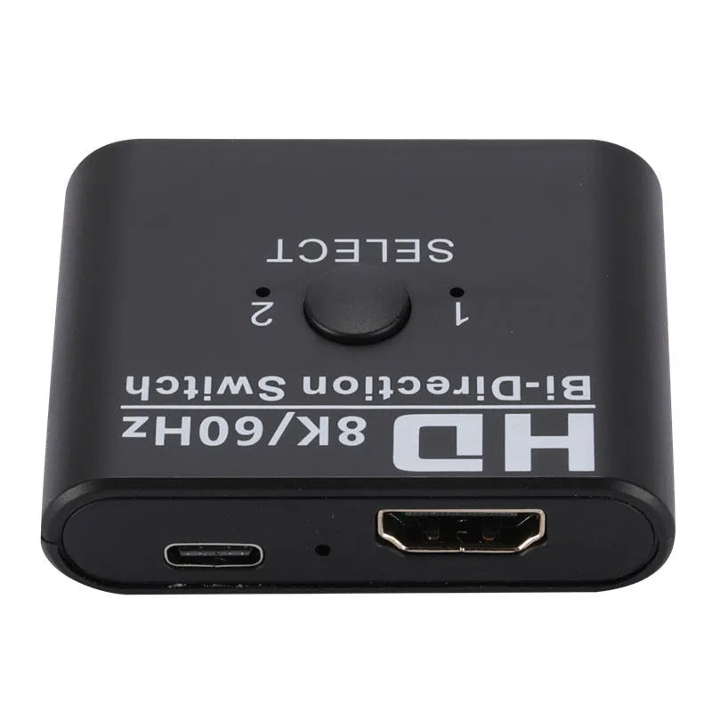 HDMI bidirectional AB switcher with switch button and two LED indicators, supports 8K 60Hz