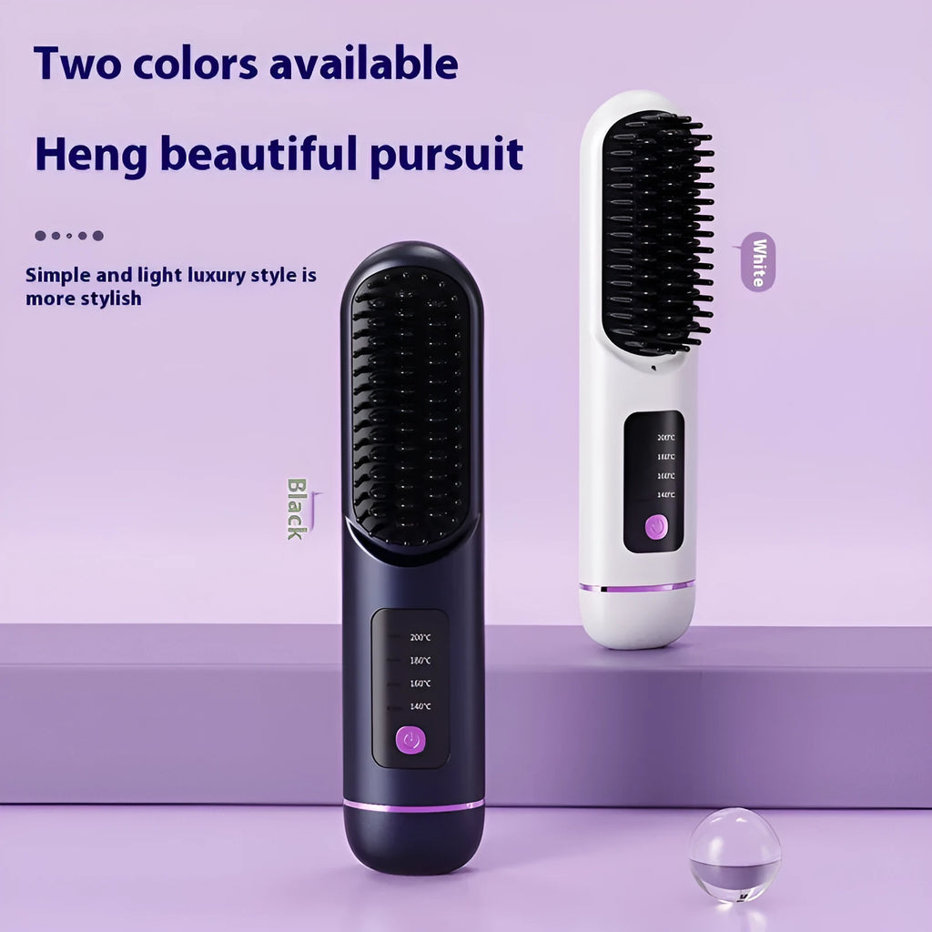 A white portable negative ion hair comb with USB-C charging port, shown alongside dark blue and grey colour options.