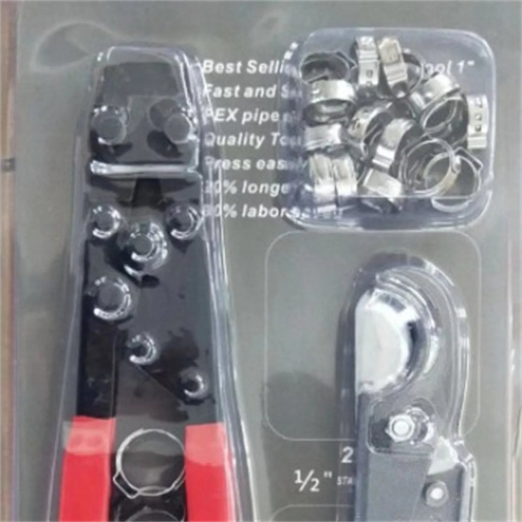Red cloth PEX single ear clamp set with carbon steel cutting edge for plumbing connections