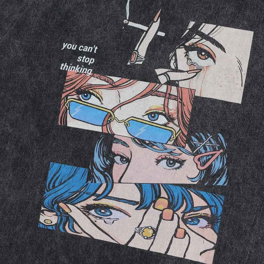 Men's retro cotton-padded t-shirt with cartoon digital printing in loose fit streetwear style
