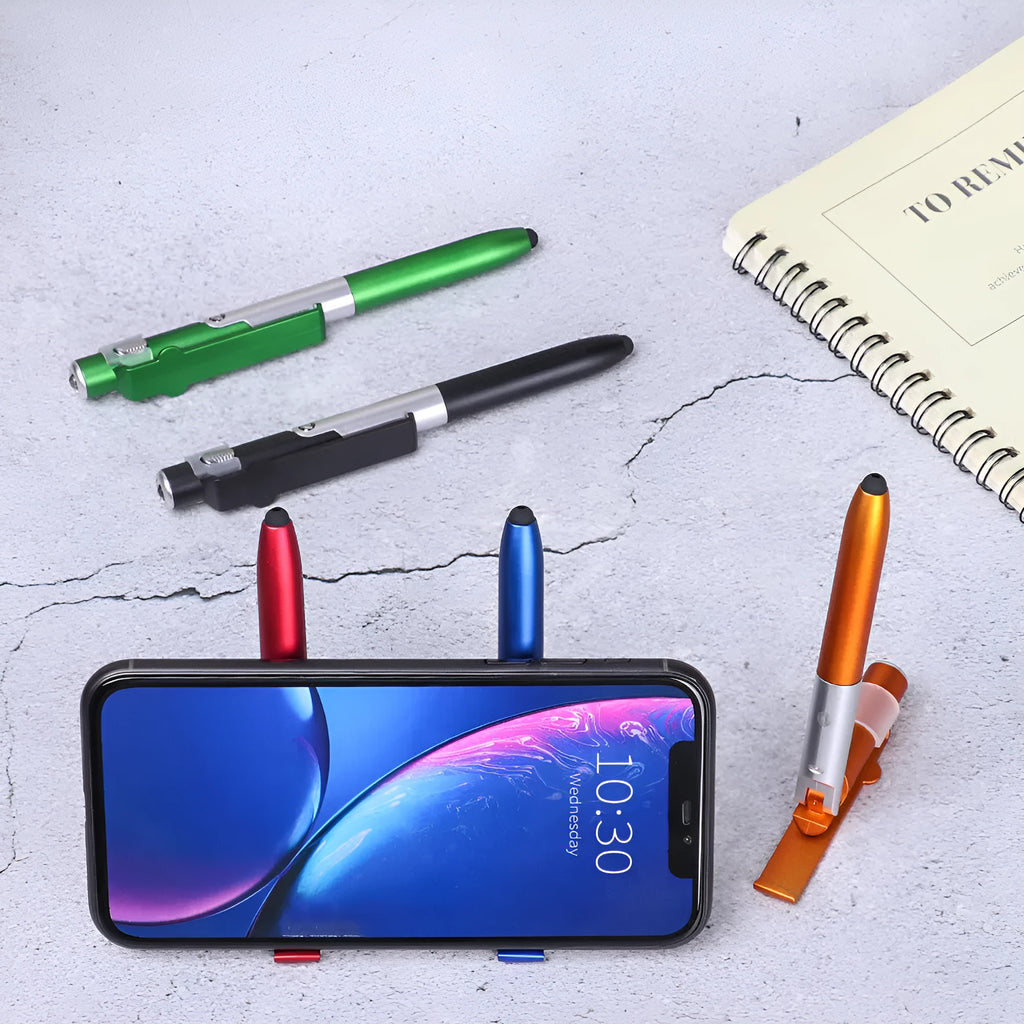 4-in-1 folding light pen mobile phone holder in plastic with LED lamp, black colour, folded position