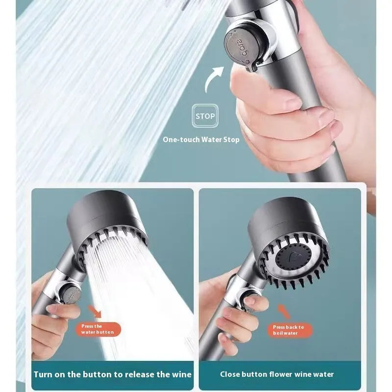 Portable bathroom shower head with three spray settings including massage and rainfall modes