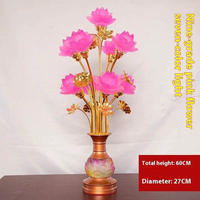 Colored glaze lotus lantern with alloy base, pink floral petals, and LED light for temple worship