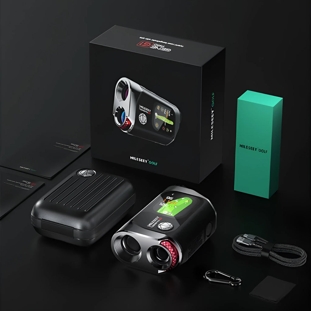 Black GenePro G1 GPS golf rangefinder showing AMOLED display and objective lens