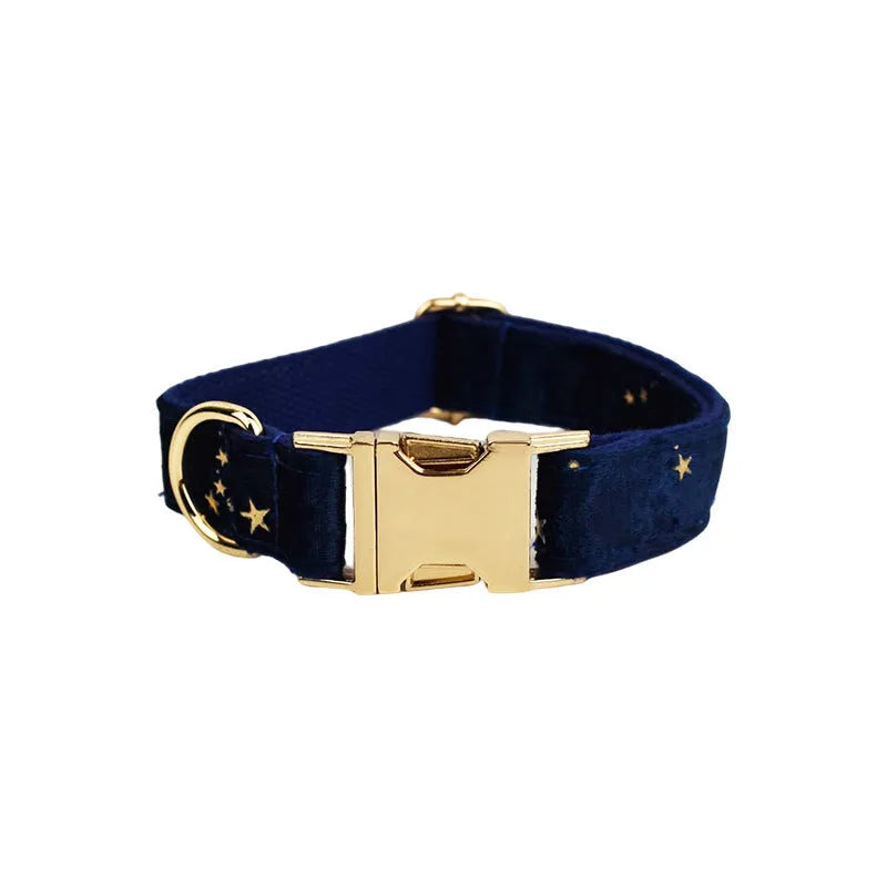 Fabric dog collar and lead set with bow, flowers, vest, and poop bag in blue, green, and wine red colours
