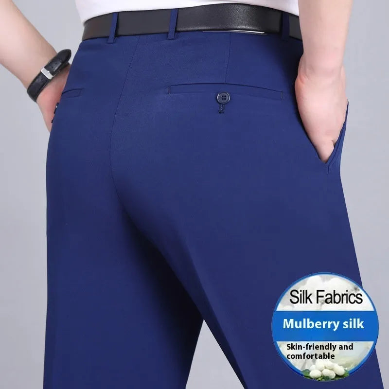 Men's dark blue straight-leg business trousers with a high waistband on a hanger.