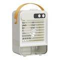Dark green compact USB desk fan with five blades on a desktop, showing touch controls and portable design.
