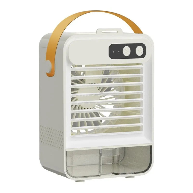 Dark green compact USB desk fan with five blades on a desktop, showing touch controls and portable design.