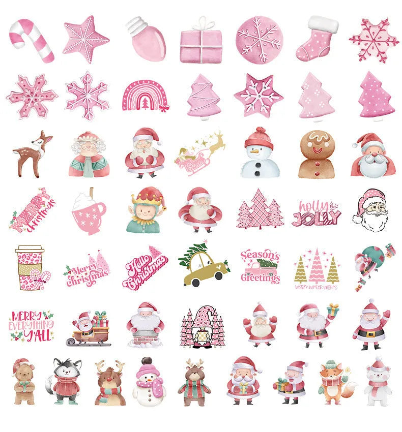 Pack of 50 cute Christmas-themed waterproof stickers in sizes from 4cm to 8cm.