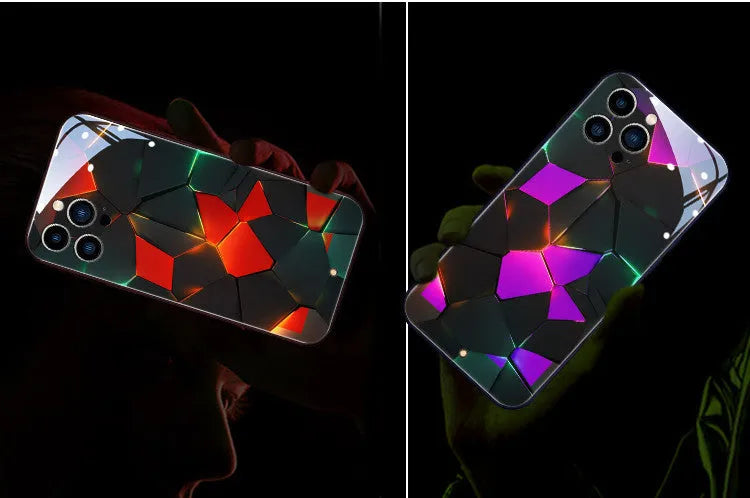 Clear tempered glass iPhone case with LED light notification feature on a phone.