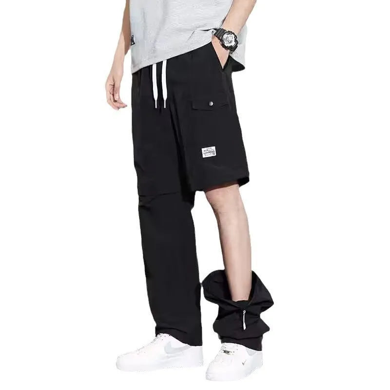 Men's 2-in-1 detachable overalls in khaki, convertible to cargo pants with drawstring waist and multiple pockets