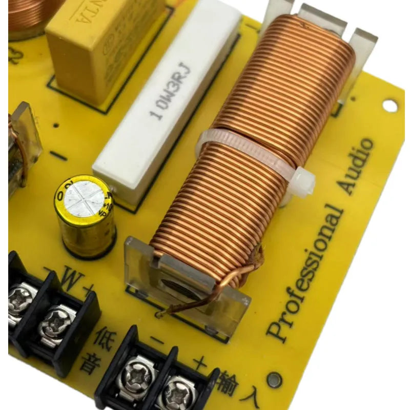 Three-way audio crossover board with 400W rating, solderless terminals, and through-hole mounting points