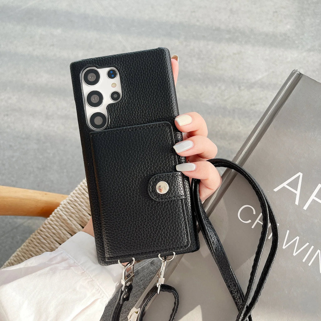 Samsung S23Ultra crossbody phone case with lychee pattern PC leather and card slot in black colour