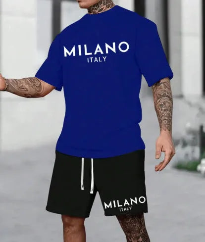 Men's round neck short sleeve polyester suit in blue with matching shorts, showing pullover style.