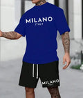 Men's round neck short sleeve polyester suit in blue with matching shorts, showing pullover style.