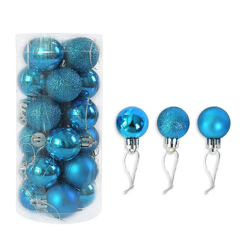 Assorted 3cm shiny gold, red, and silver Christmas ball ornaments spilling from a tall storage barrel.