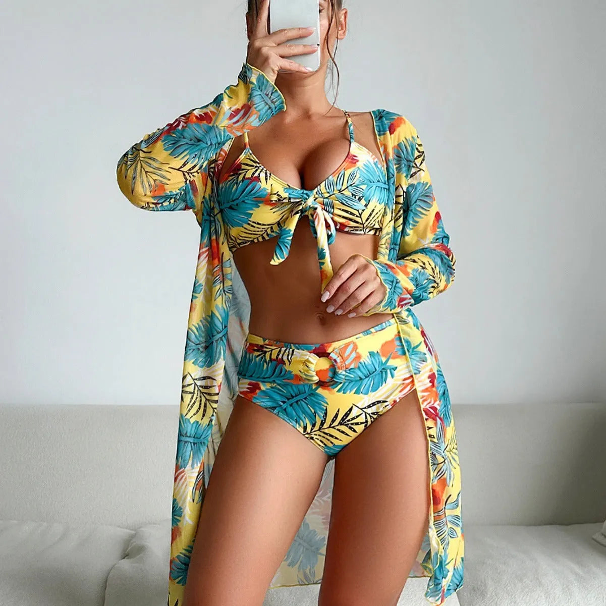 Women's multi-color printed three-piece bikini swimsuit in polyester high-elasticity fabric for swimming and wading