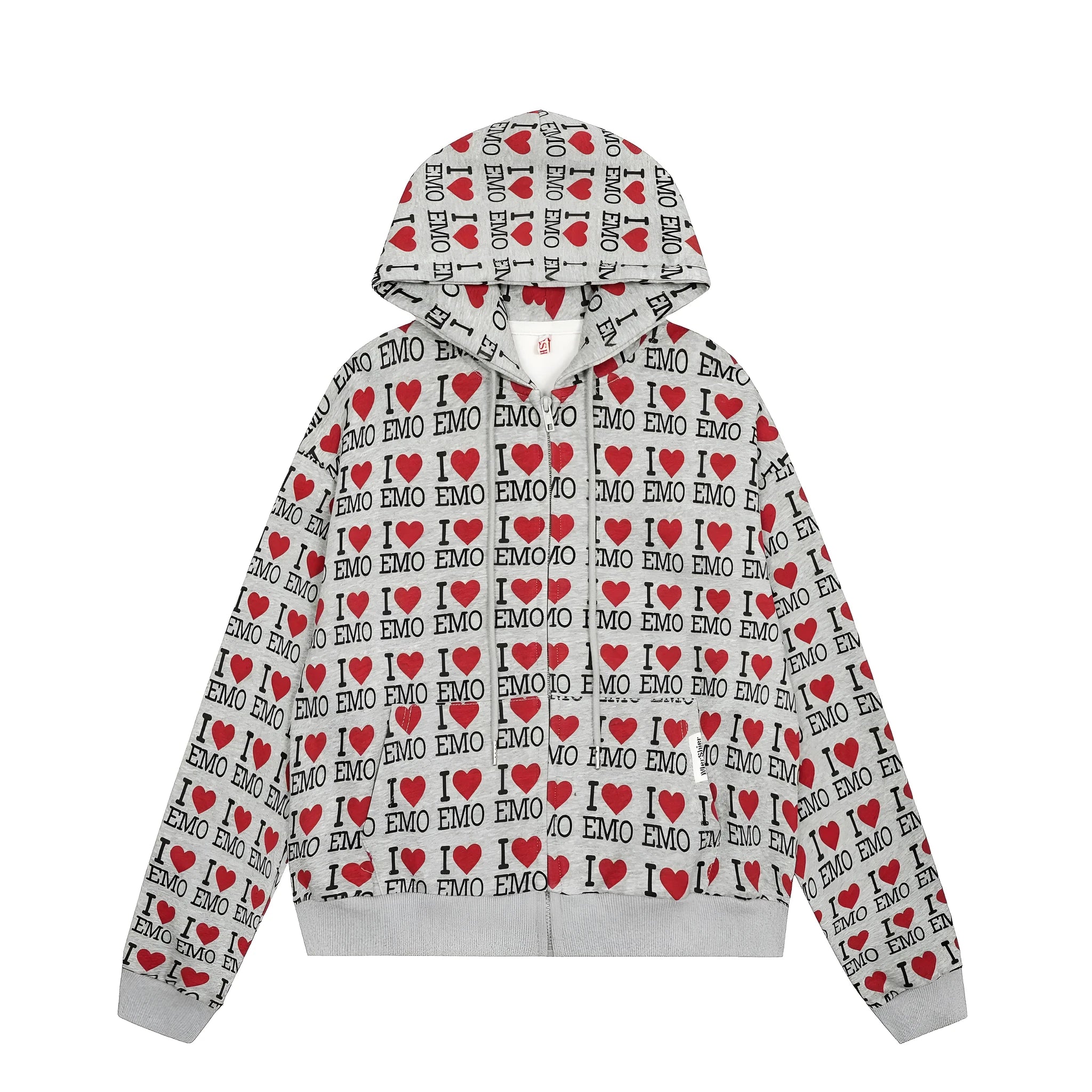 Women's melange grey cotton hooded cardigan with retro pattern showing long sleeves and street fashion styling