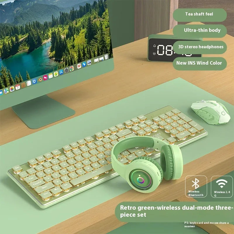 Prewalker V3 silent keyboard and mouse set in retro green colour on a desk.