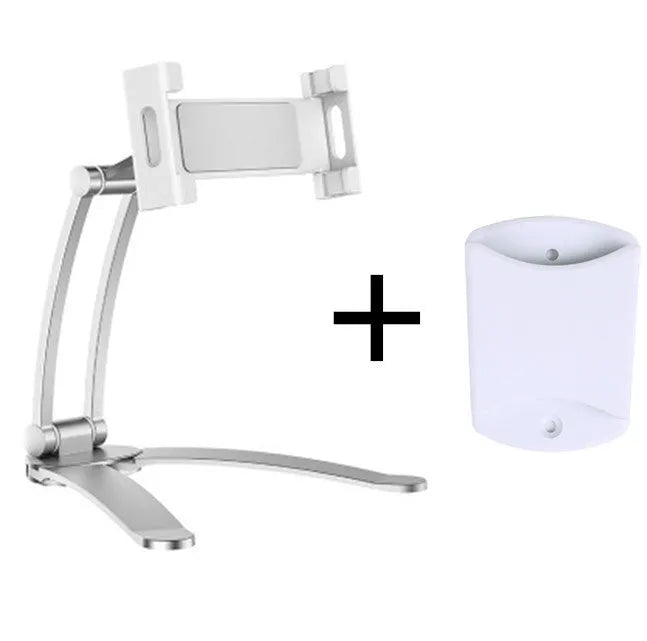 Silver aluminium desktop tablet stand with adjustable angle and folding clamp holding a tablet.