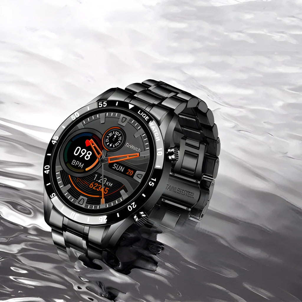 Smart watch with stainless steel band showing 1.3-inch screen display on a wrist.