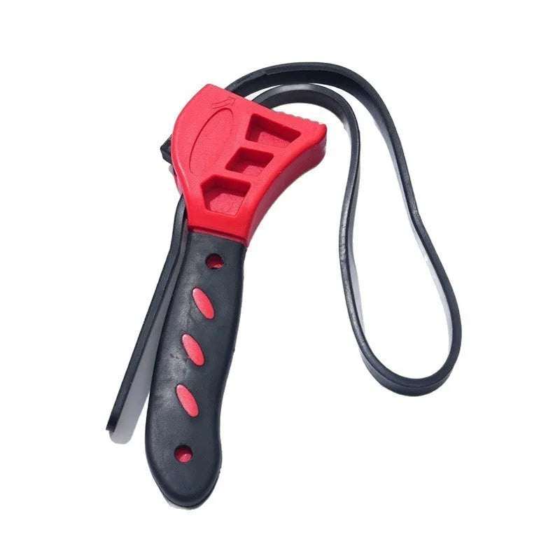 Adjustable rubber strap wrench with plastic handle showing 6-inch and 8-inch size options