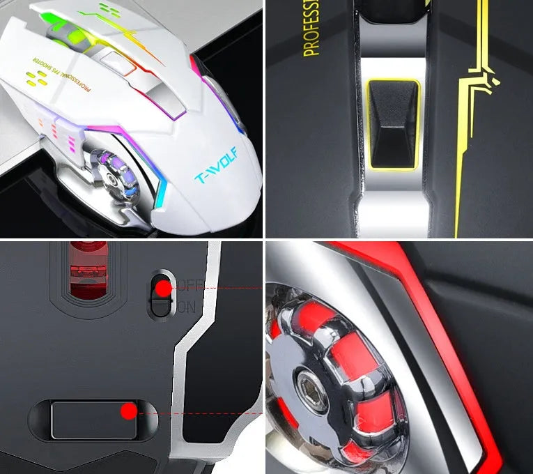 Black and white wireless mouse with USB-C port, six buttons, and silent click design.