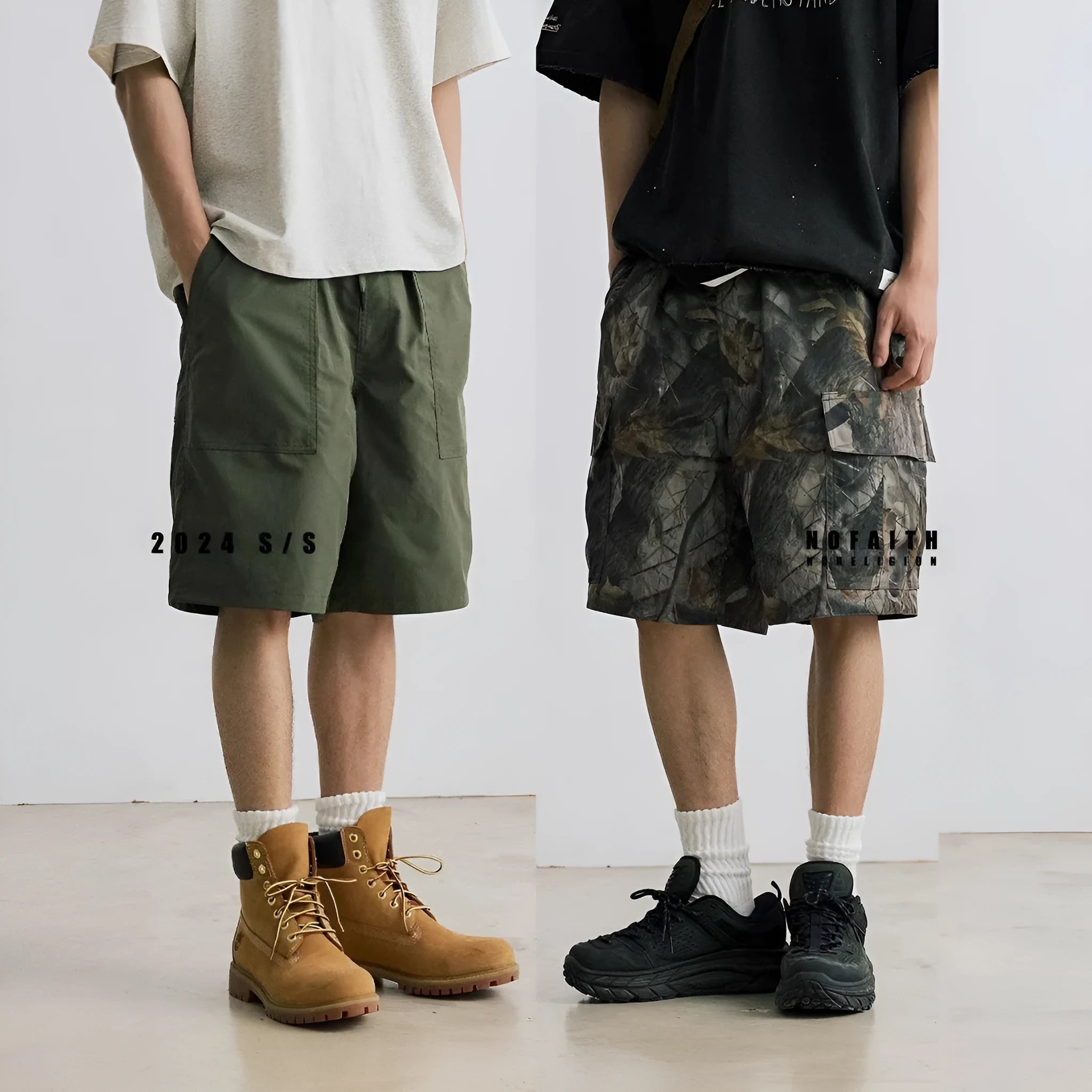 Man wearing loose straight-leg denim shorts in army green, showing mid waist and casual style.
